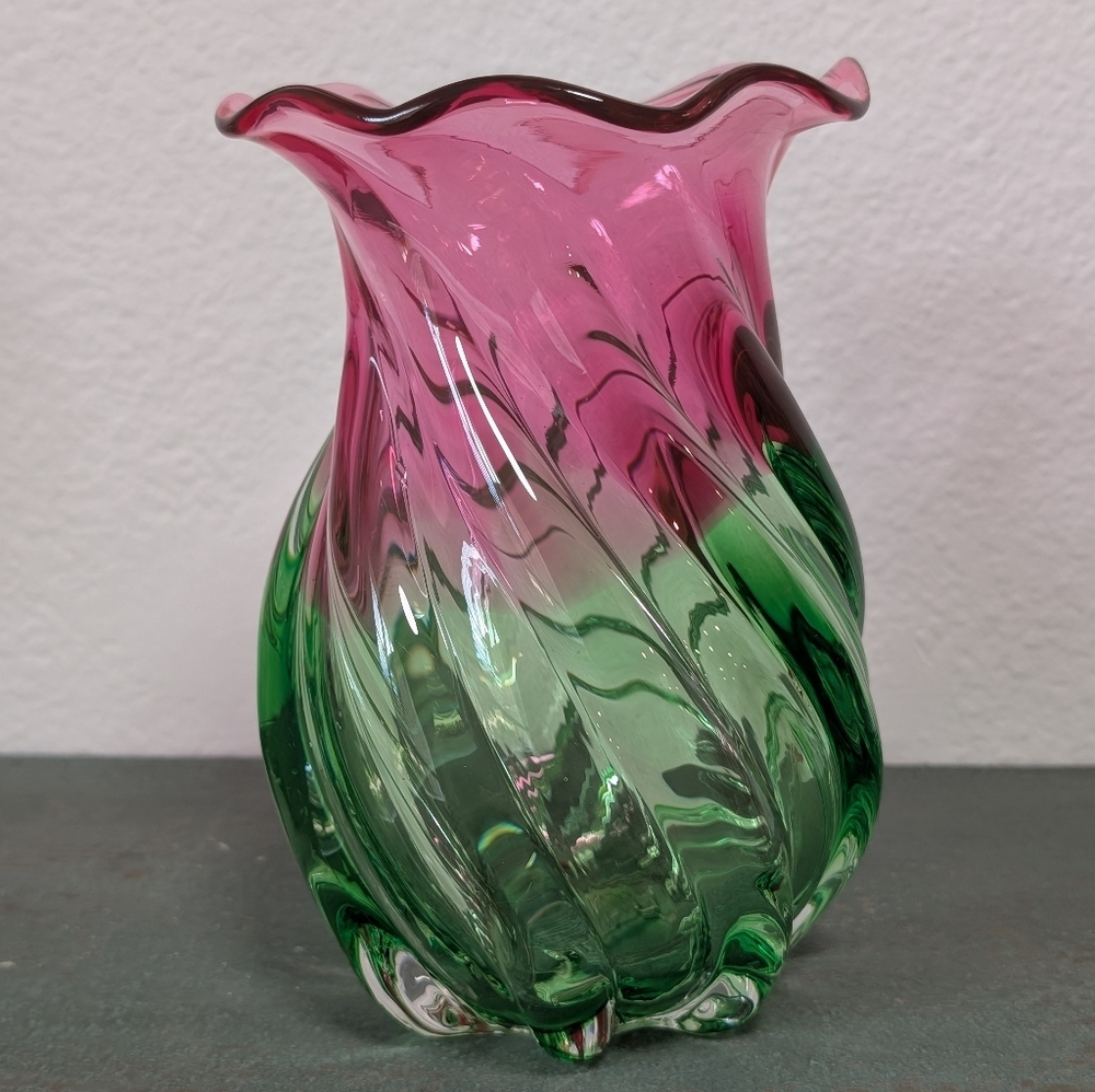 Vintage Teleflora Pink Green Watermelon Hand Blown Art Glass Ruffled Vase - Picture 7 of 10